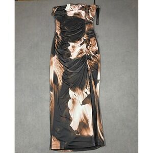 Mad For Love Strapless Ruched Maxi Dress Womens‎ Size Medium Brown Abstract Mesh